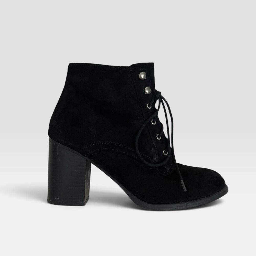 Soda Black Faux Suede Block Heel Lace Up Ankle Boots